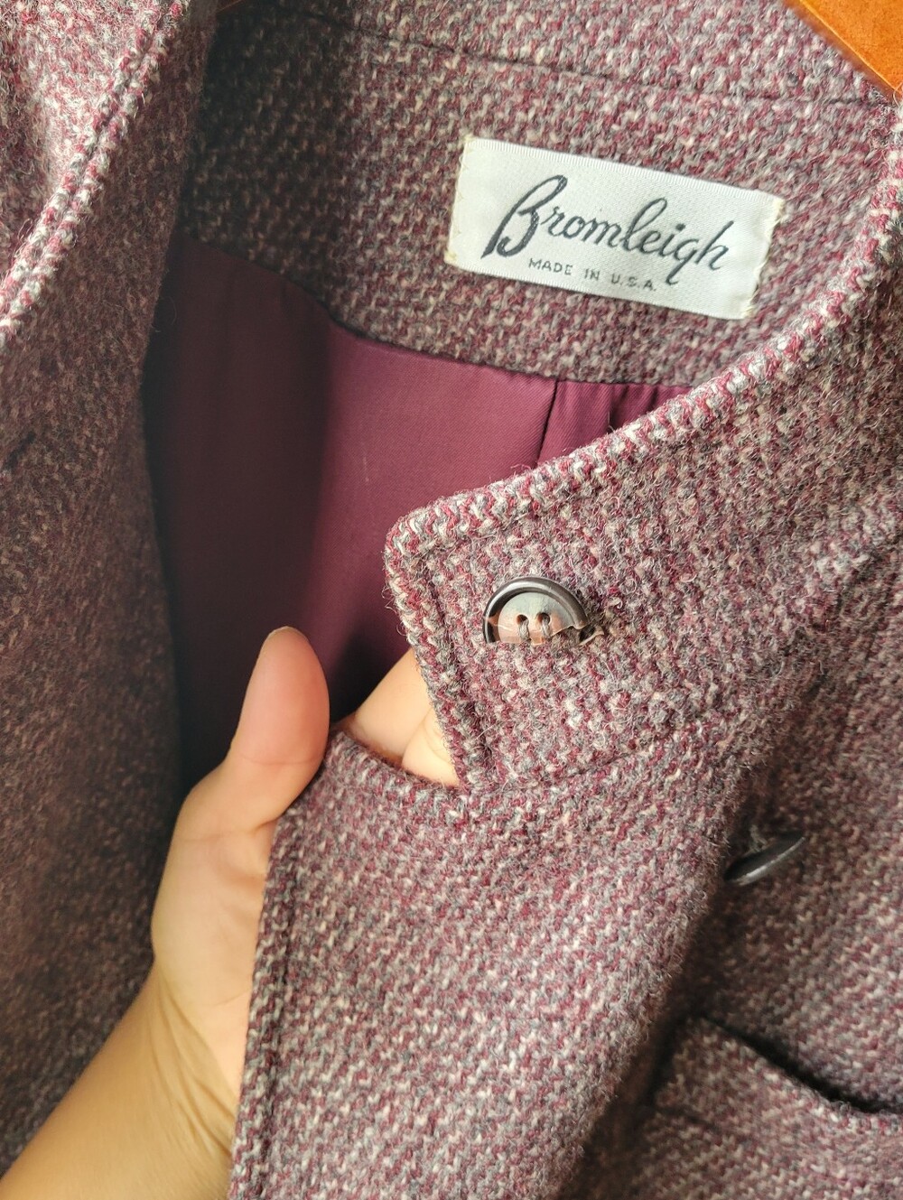 VTG Bromleigh burgundy button Tweed Wool Double Breasted Military Coat USA Med - Picture 12 of 13
